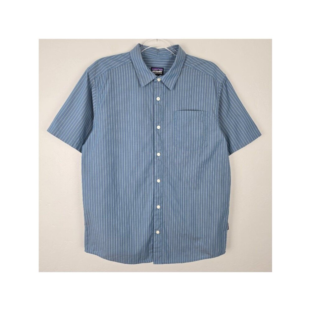 Patagonia Fezzman Button Shirt Short Sleeve Organic Cotton Striped Blue Size M